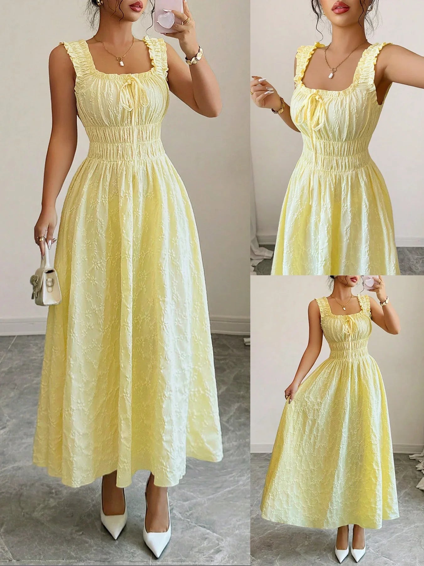 Yellow Polyester Jacquard Smocked Midi Dress Square Neck Sleeveless A-Line Ruffled Straps Empire Waist Holiday Beach Date Night Dress – Venzali