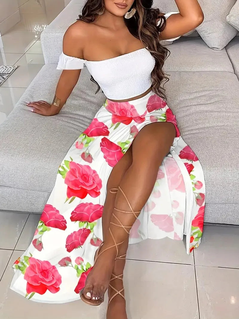 Boheemse tweedelige off-shoulder crop top en rok met hoge split Venzali