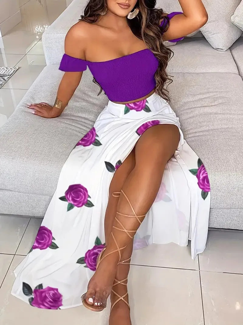 Boheemse tweedelige off-shoulder crop top en rok met hoge split Venzali