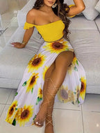 Boheemse tweedelige off-shoulder crop top en rok met hoge split Venzali