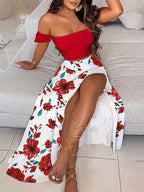 Boheemse tweedelige off-shoulder crop top en rok met hoge split Venzali