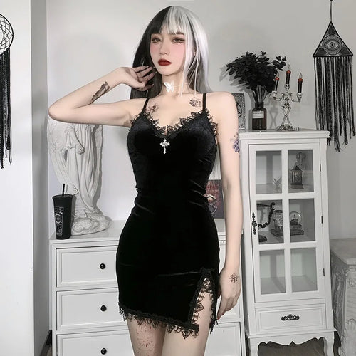 Zwarte Gothic Mini-Jurk Met Spaghettibandje Venzali