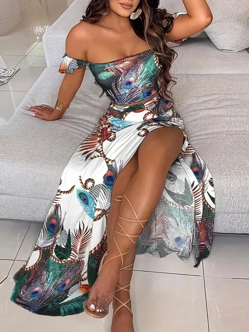 Boheemse tweedelige off-shoulder crop top en rok met hoge split Pauwblauw Venzali