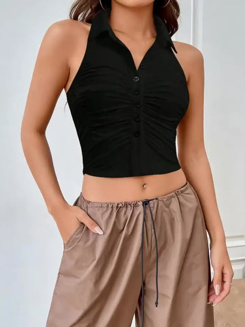 Zwart Halter Crop Top Met Ruching Venzali