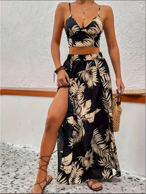 Elegante tweedelige set met diepe V-hals en maxi-rok Venzali