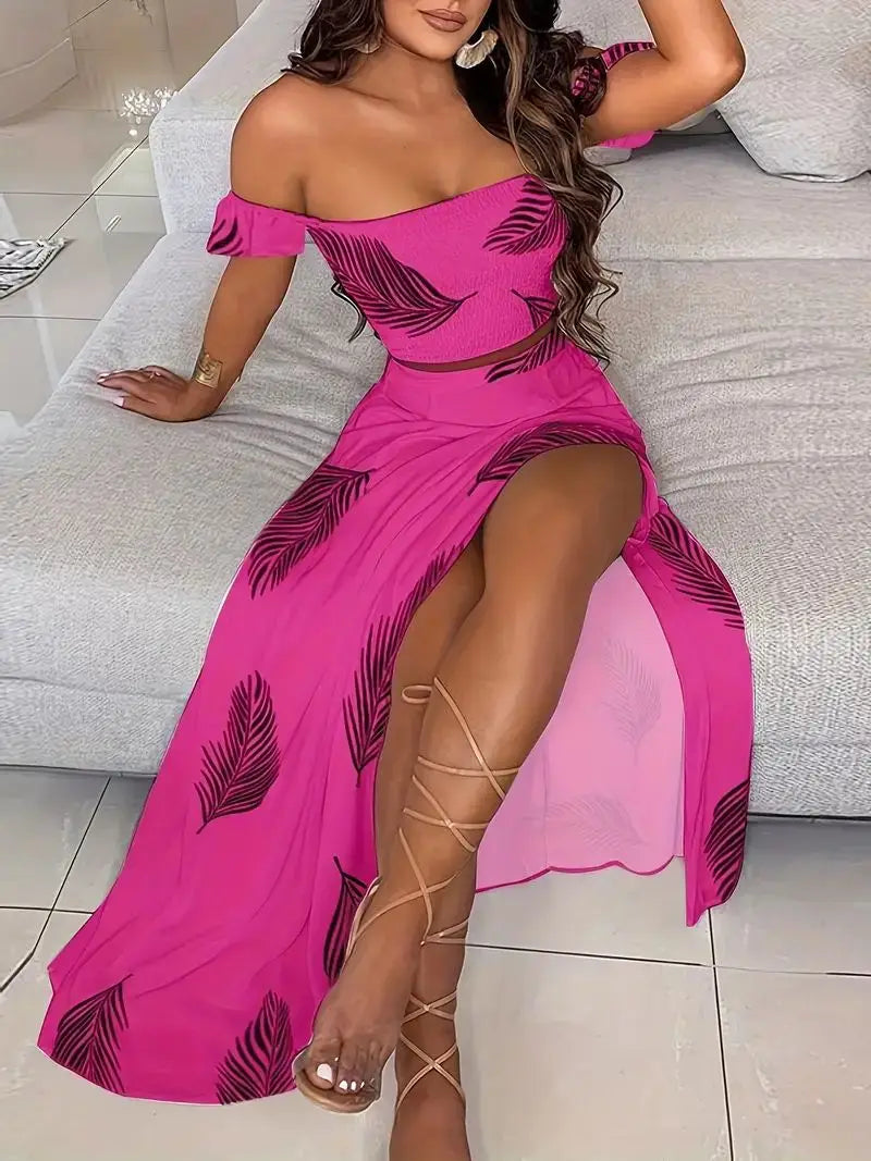 Boheemse tweedelige off-shoulder crop top en rok met hoge split Roze Venzali