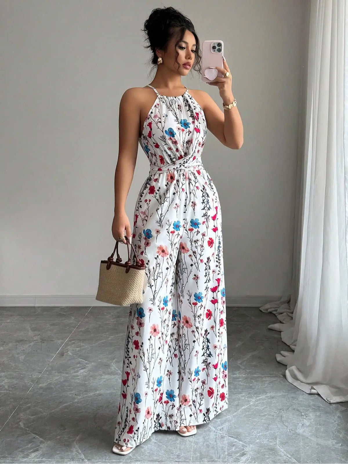 Bloemenprint Halter-jumpsuit met Strikceintuur Wit XL Venzali