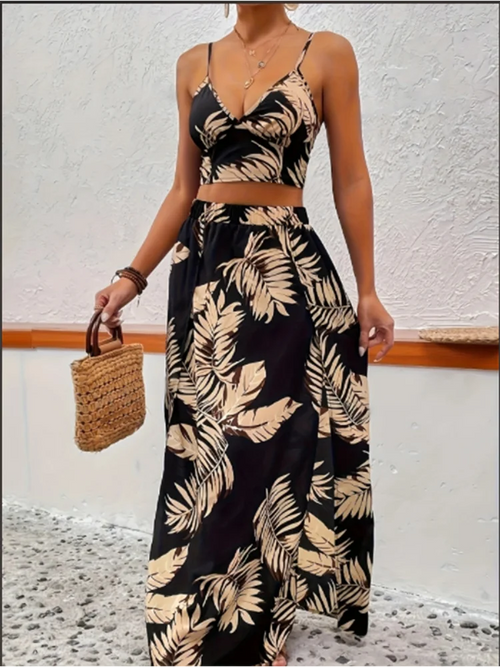 Elegante tweedelige set met diepe V-hals en maxi-rok Zwart Venzali