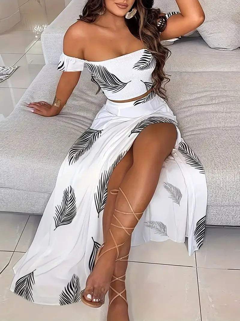 Boheemse tweedelige off-shoulder crop top en rok met hoge split Wit Venzali