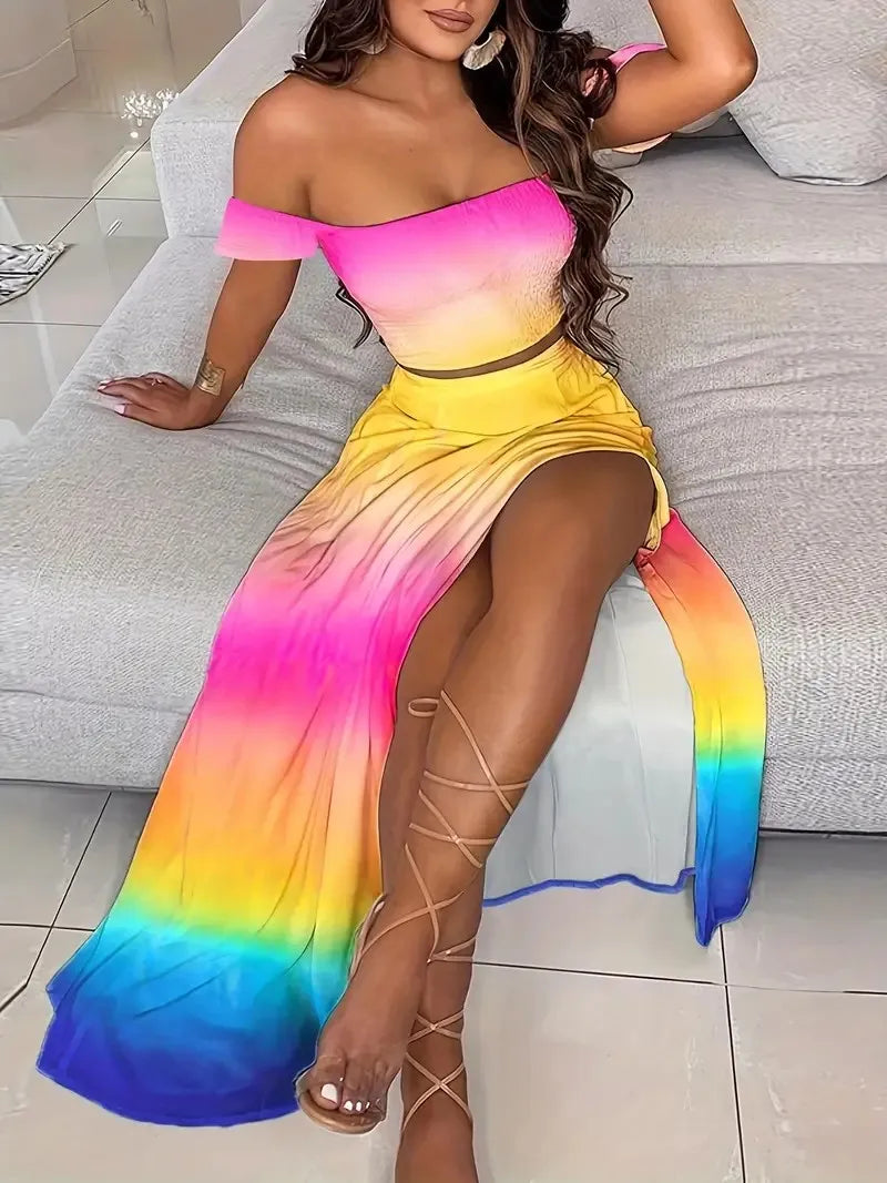 Boheemse tweedelige off-shoulder crop top en rok met hoge split Regenboog Venzali