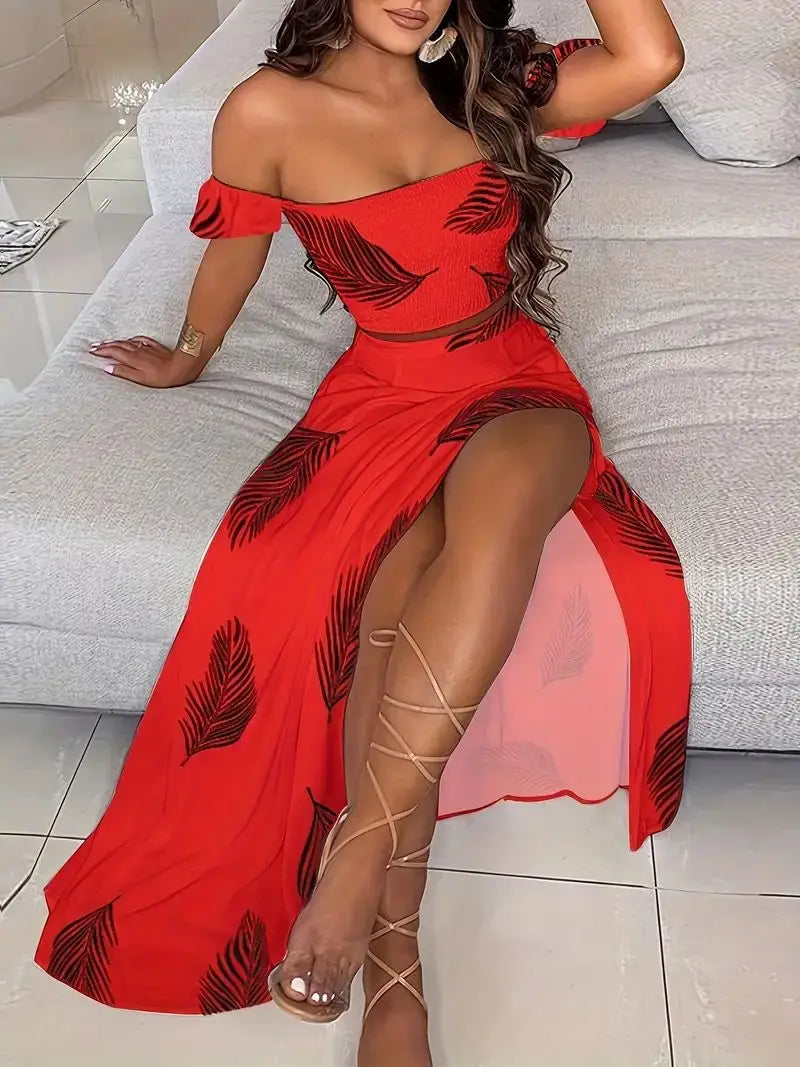 Boheemse tweedelige off-shoulder crop top en rok met hoge split Watermeloen Venzali