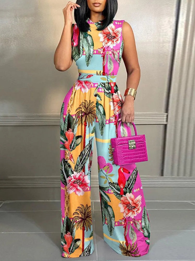 Elegante Wijdvallende Jumpsuit Met Print Geel Venzali