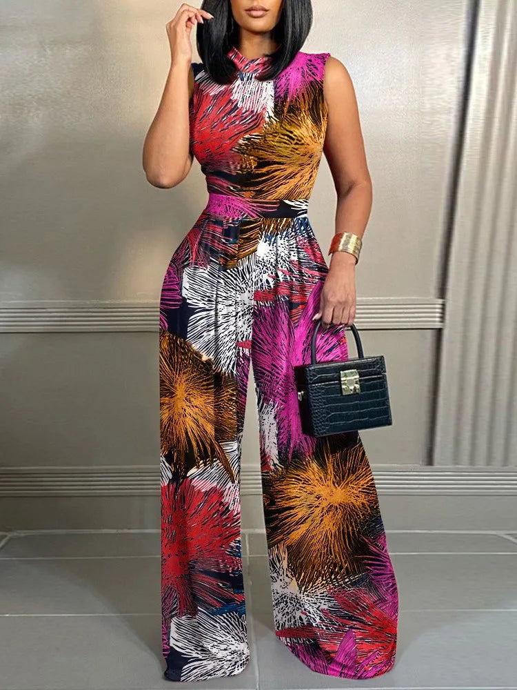 Elegante Wijdvallende Jumpsuit Met Print Rozerood Venzali
