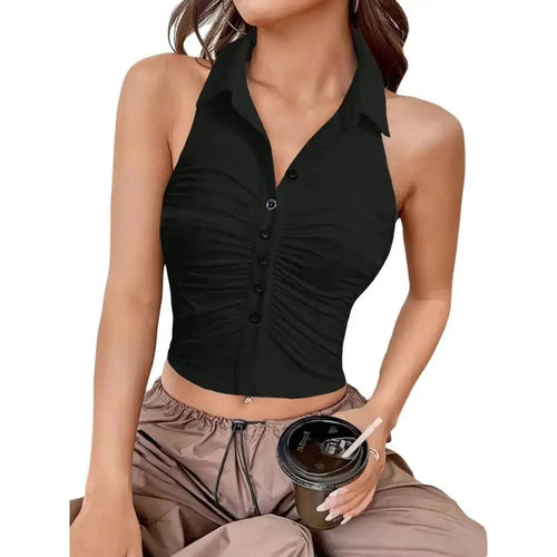 Zwart Halter Crop Top Met Ruching Zwart Venzali