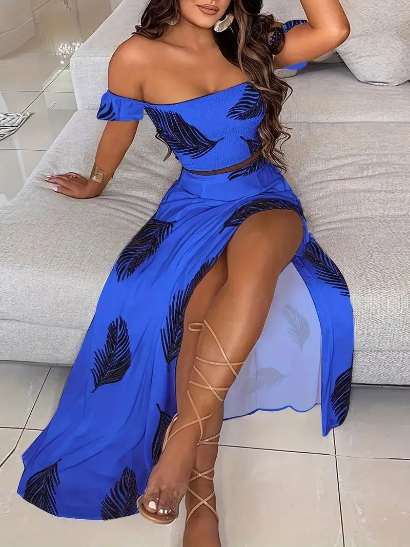 Boheemse tweedelige off-shoulder crop top en rok met hoge split Denim Venzali