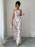 Bloemenprint halternek maxi jumpsuit met wijde palazzo-pijpen Wit Venzali
