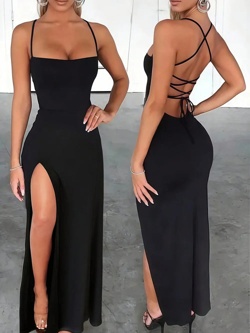 Open Rug Maxi-jurk Met Hoge Split Zwart Venzali