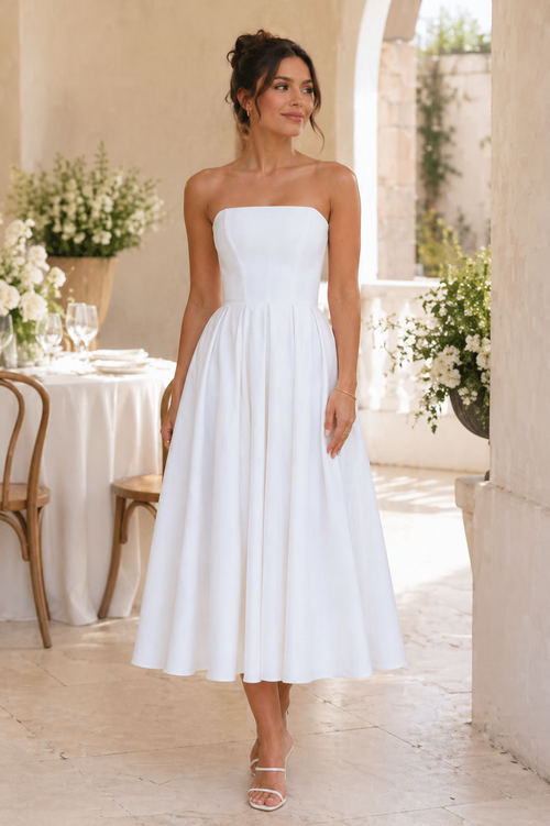 Strapless Corset Midi Jurk Met Tule Rok Wit Venzali