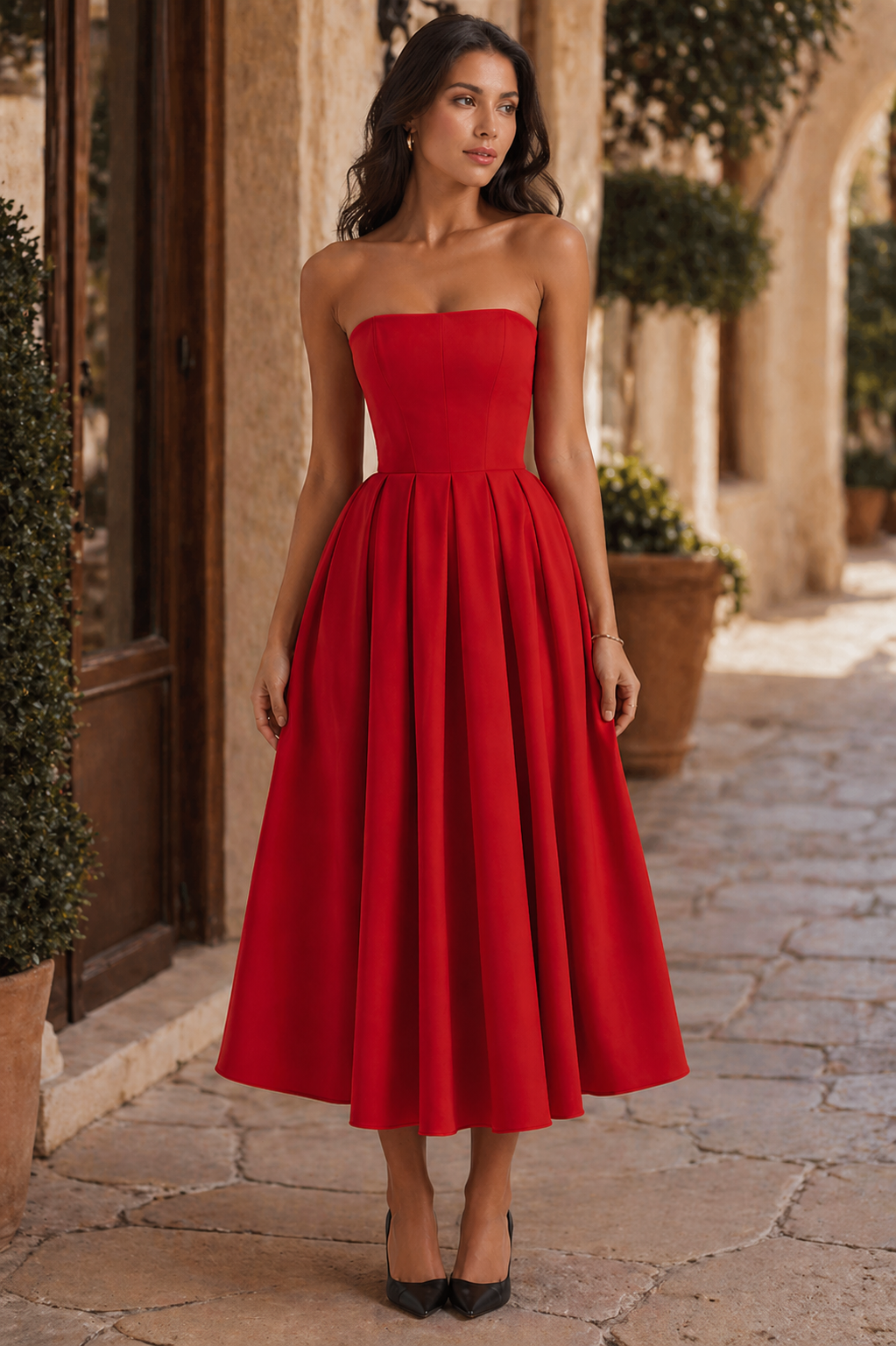 Strapless Corset Midi Jurk Met Tule Rok Rood Venzali