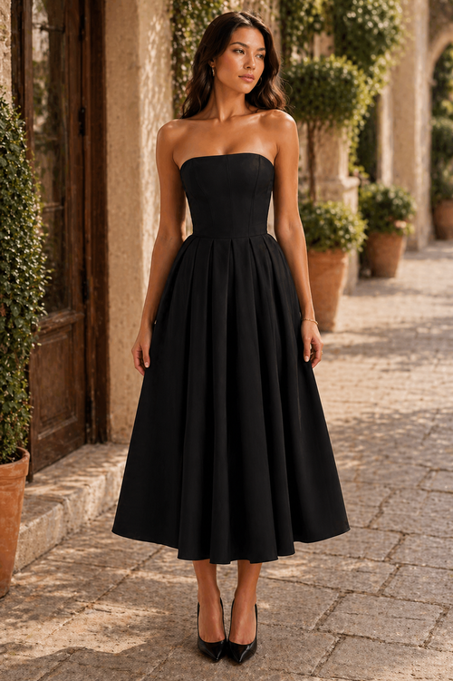 Strapless Corset Midi Jurk Met Tule Rok Zwart Venzali