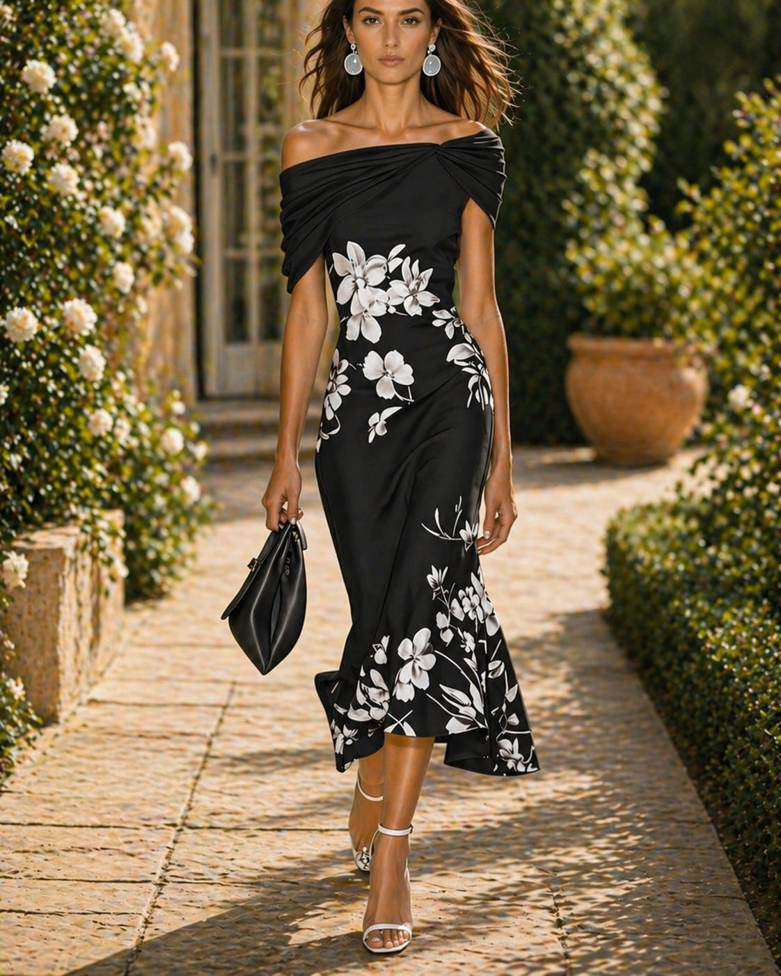 Off Shoulder Midi Jurk Met Bloemenprint Zwart Venzali