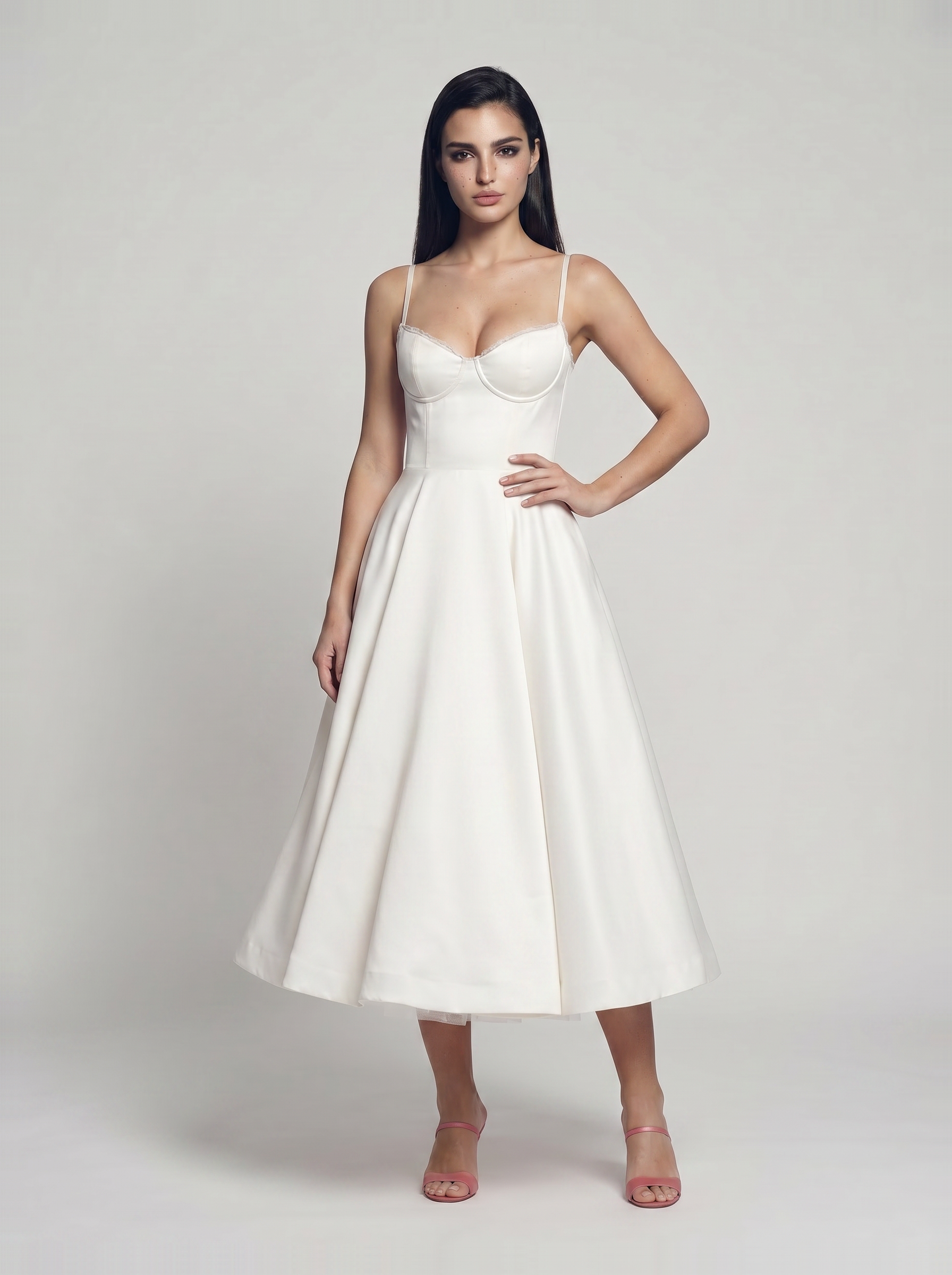 Strapless Satijn Tule Midi Jurk Met Sweetheart Hals Wit Venzali
